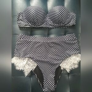 Women's Black White Polka Dot/Lace Strapless High Waist Bikini Size Large (B)